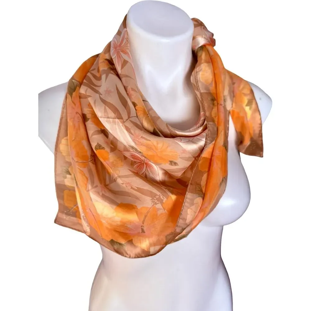 Vintage Oscar de la Renta Silk Hibiscus Floral Scarf 1990s Peach Gold NWT 34in